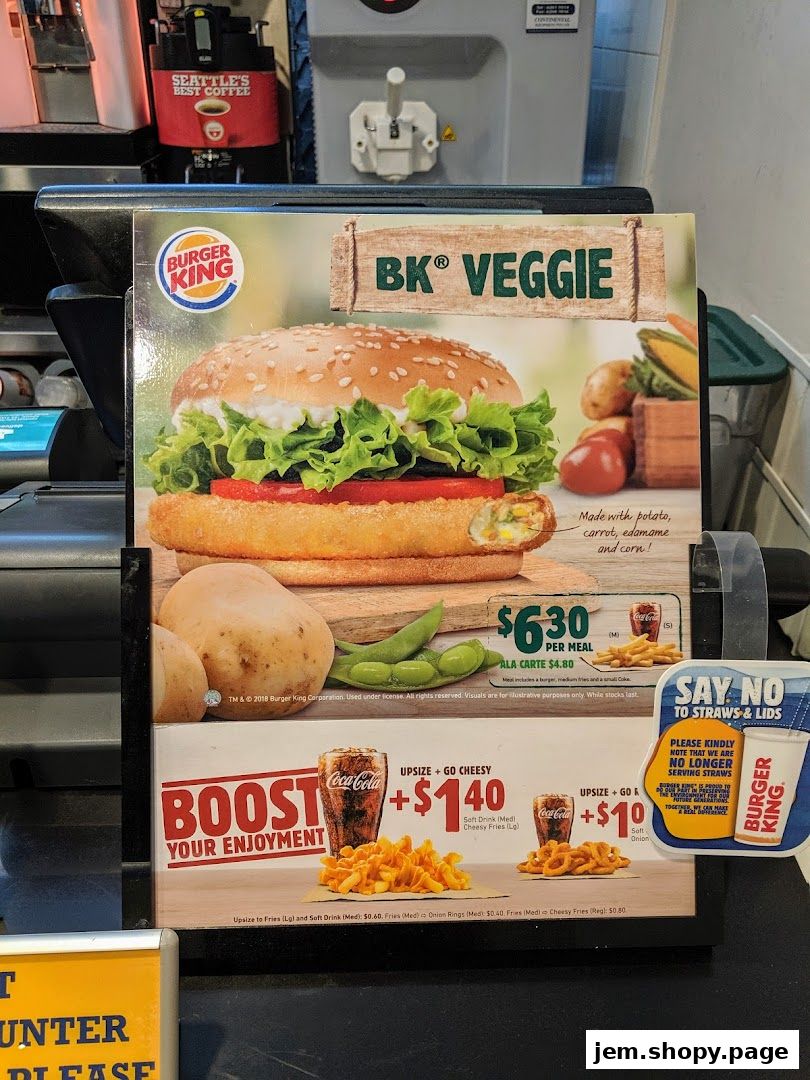 Burger King menu featuring the BK Veggie burger and upsize options.