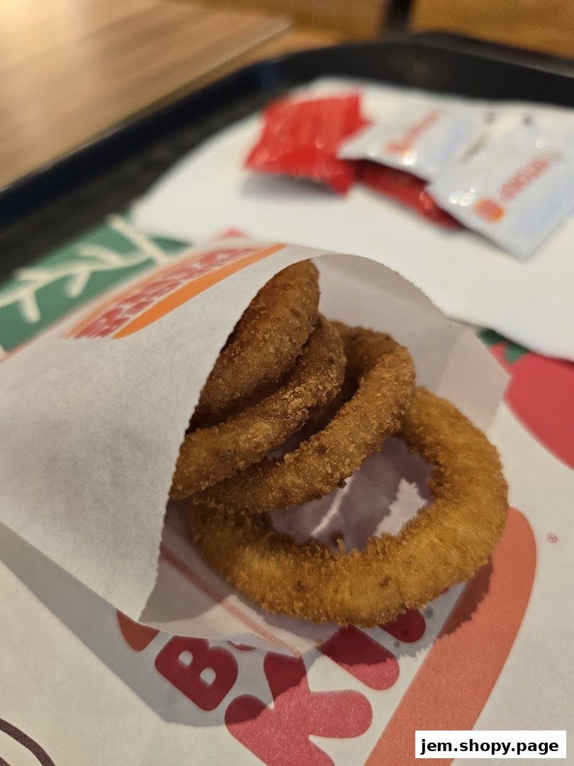 Golden brown onion rings served in a white paper wrapper with ketchup packets.