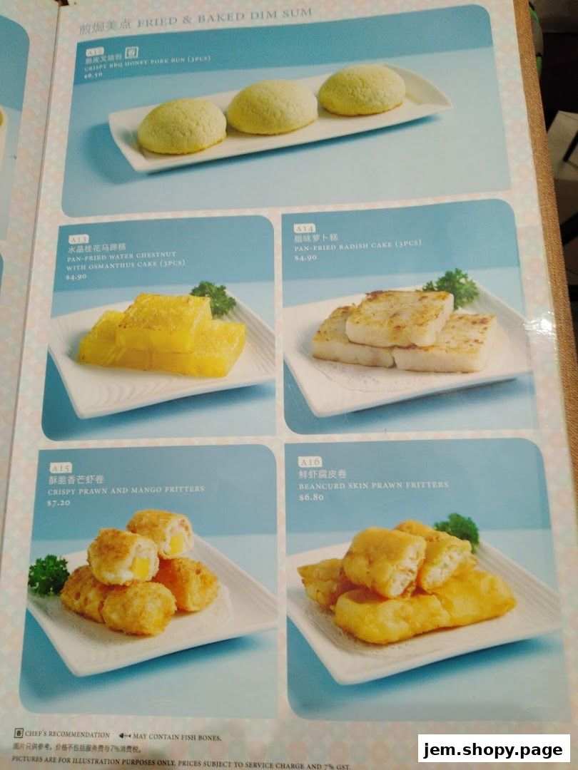 A menu page showcasing various fried and baked dim sum dishes with prices.