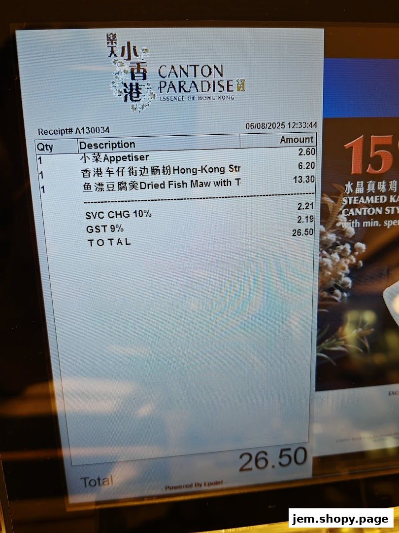 A receipt from Canton Paradise showing food items and their prices.