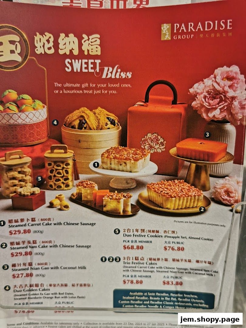 A festive menu showcasing various sweet treats and cakes from Canton Paradise.