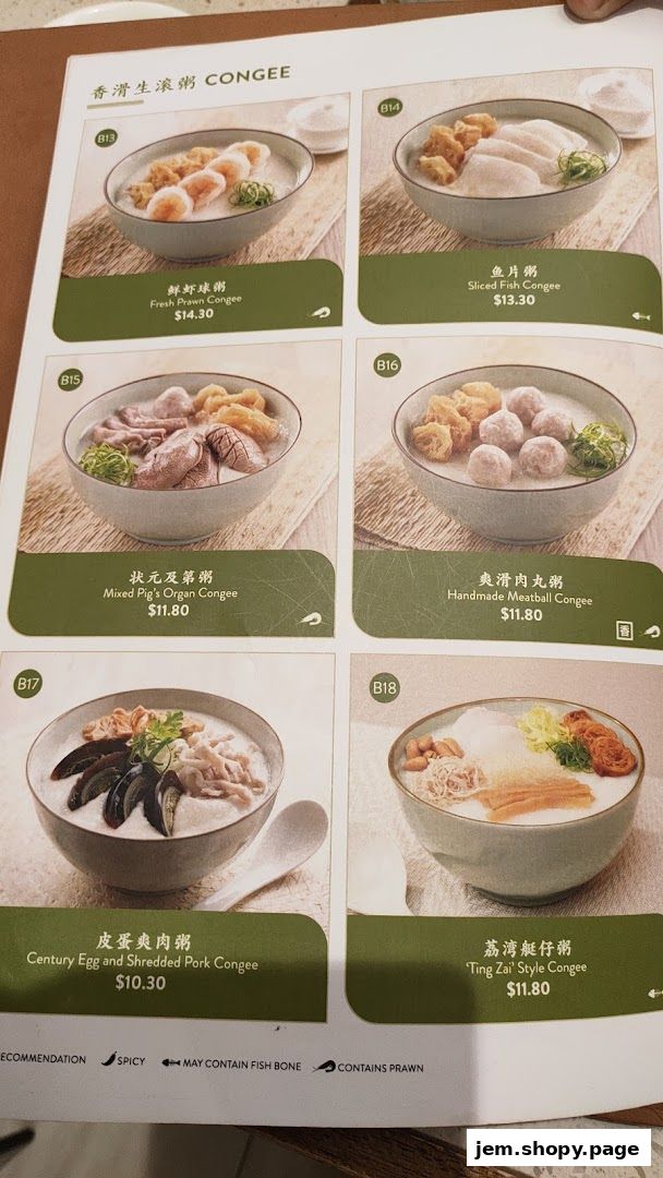 A menu page showcasing various congee dishes with their names and prices.