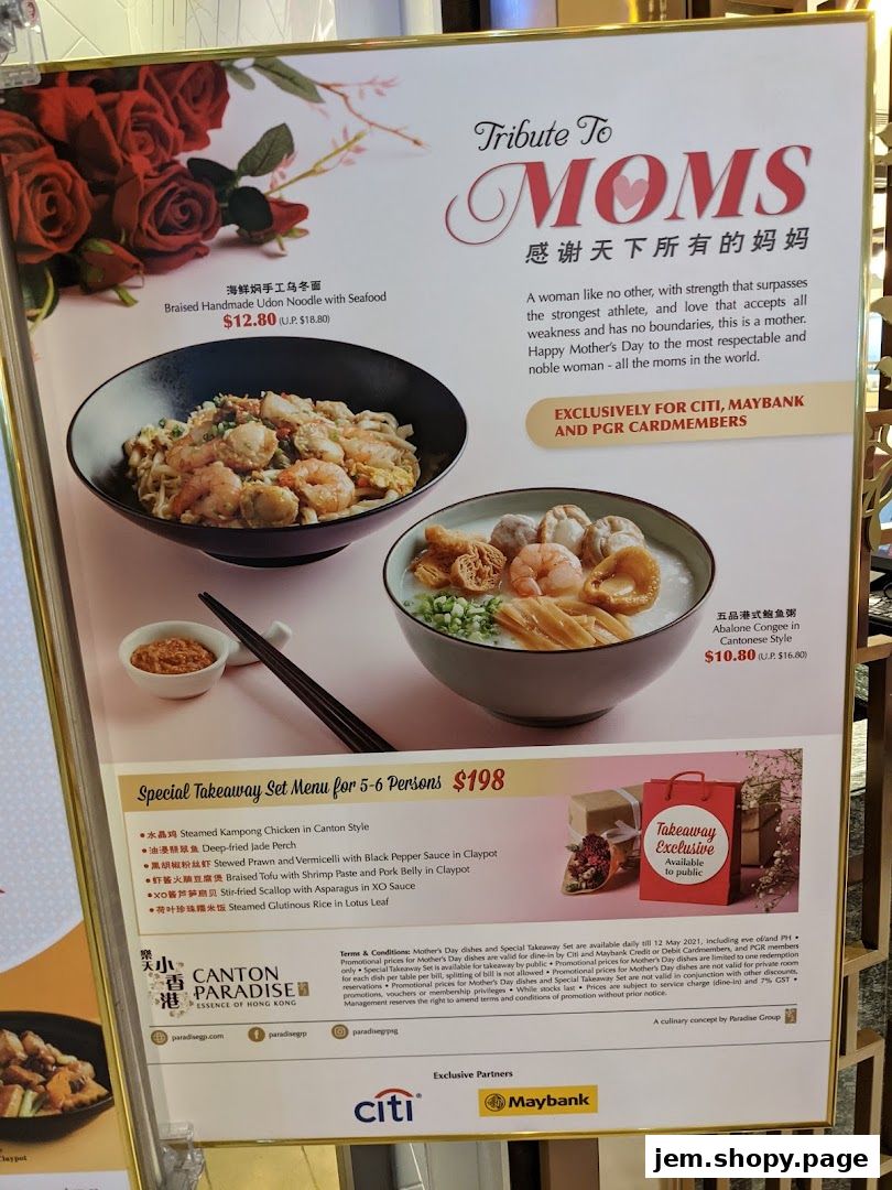 A menu board for Canton Paradise featuring Mother's Day specials and a takeaway set menu.