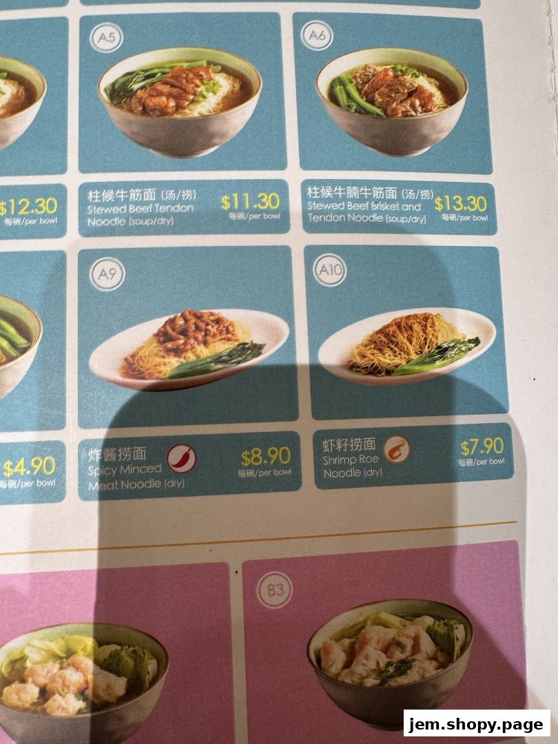 A menu page from Canton Paradise featuring various noodle dishes with prices.