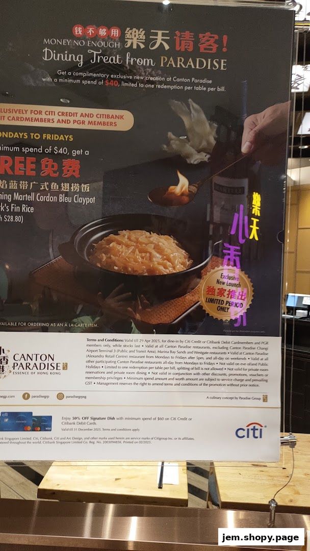 A promotional poster for Canton Paradise featuring a complimentary dish with a minimum spend.