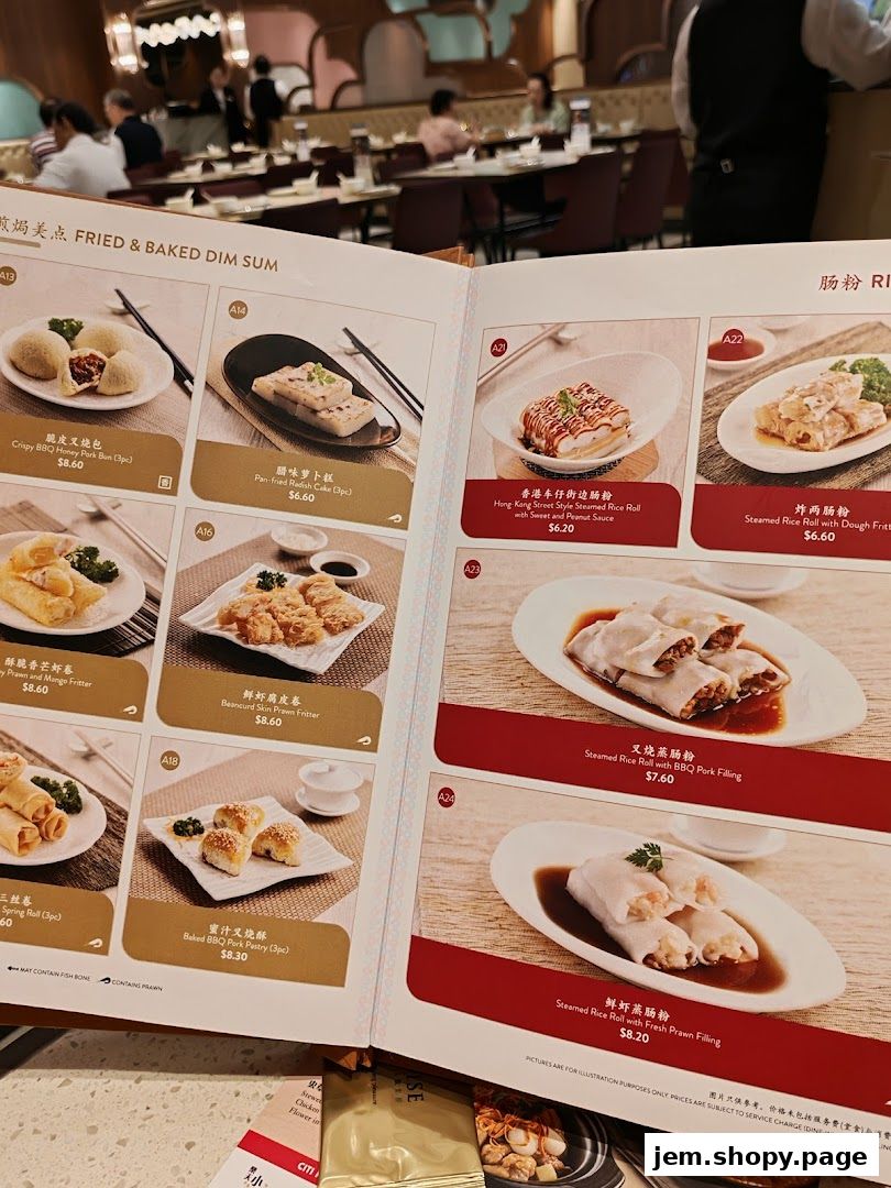 A menu showcasing various fried and baked dim sum dishes with prices.