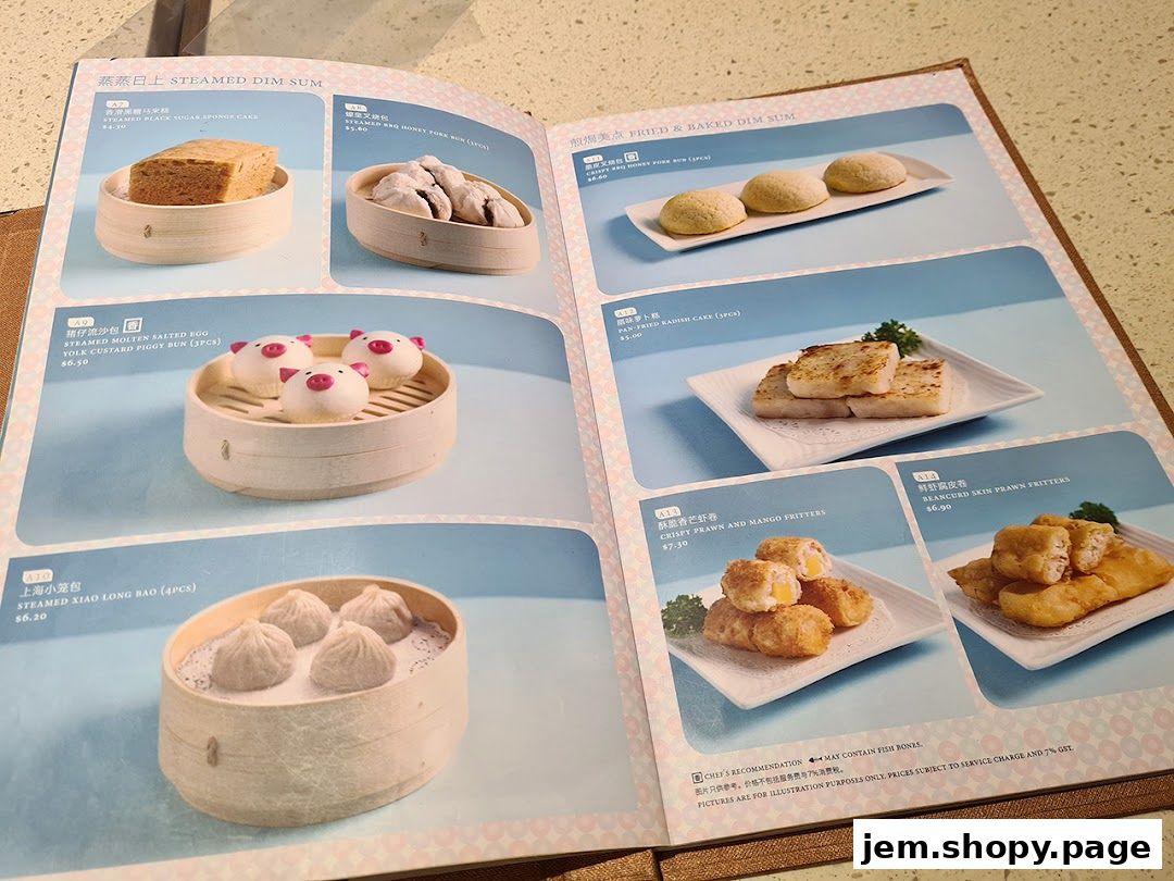 A menu showcasing various steamed, fried, and baked dim sum dishes with prices.