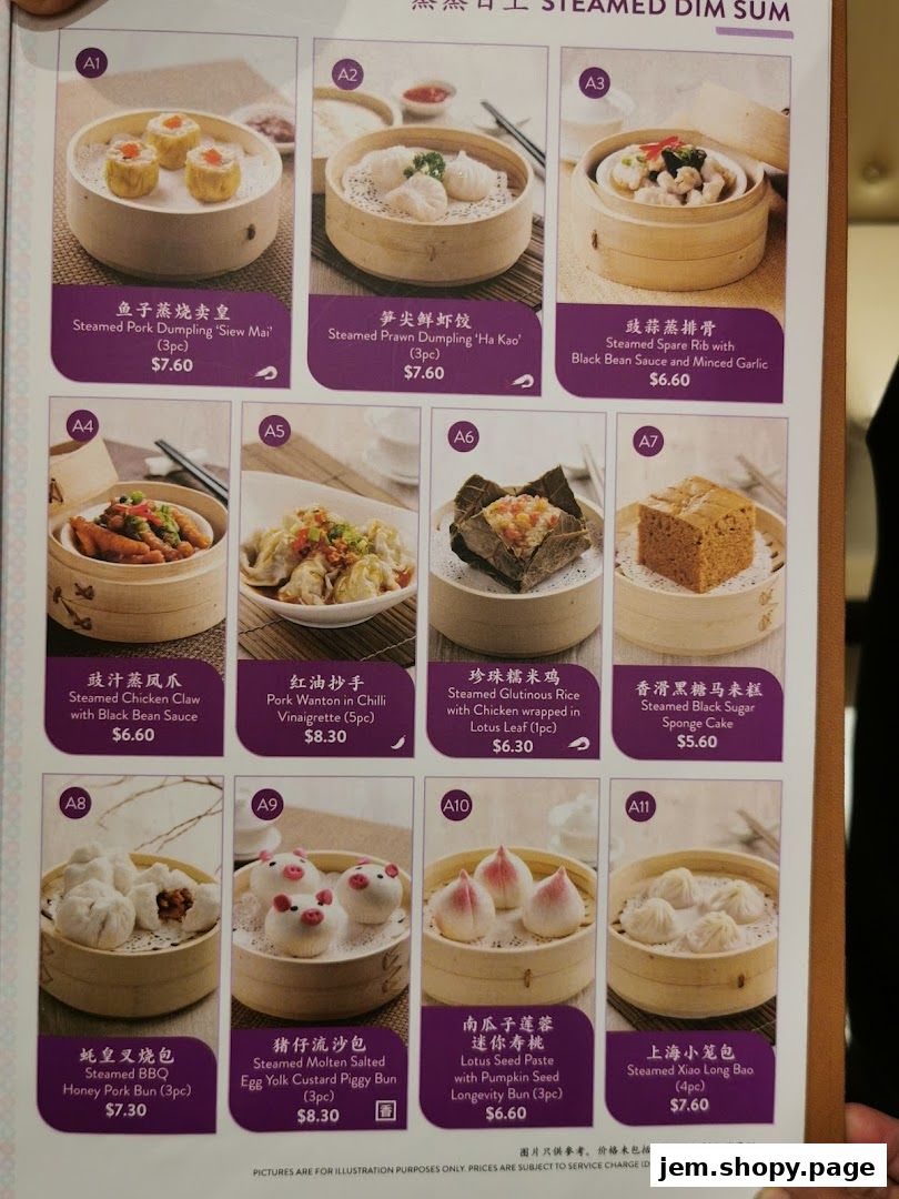 A menu showcasing various steamed dim sum dishes with images and prices.