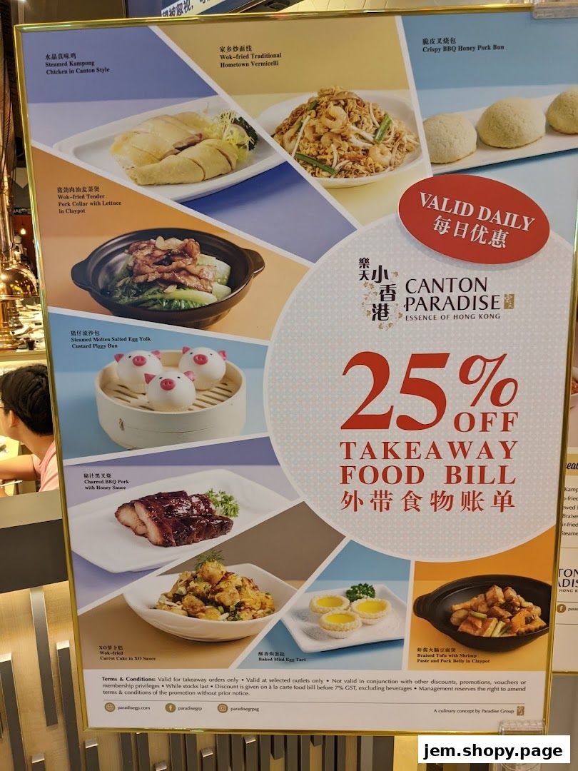 A menu board showcasing various Cantonese dishes and a 25% takeaway discount offer.