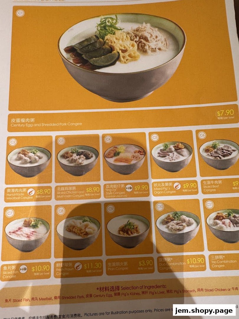 A menu showcasing various congee dishes with images and prices.