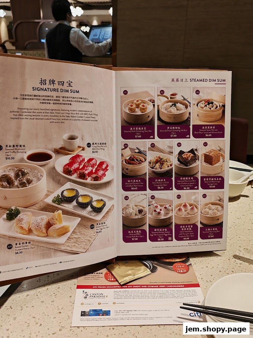 A menu showcasing signature dim sum dishes with vibrant images and descriptions.