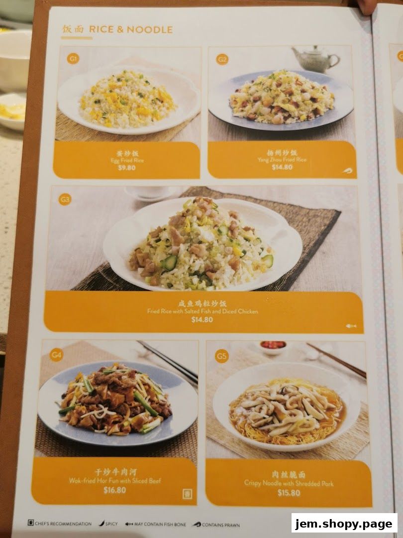 A menu page from Canton Paradise featuring various rice and noodle dishes with prices.