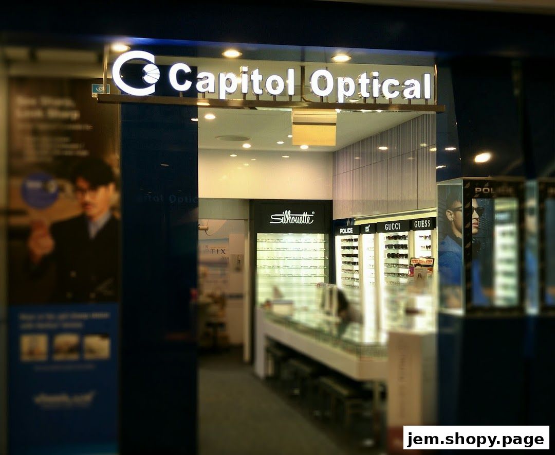 The entrance of Capitol Optical, showcasing a wide selection of eyewear and branded frames.