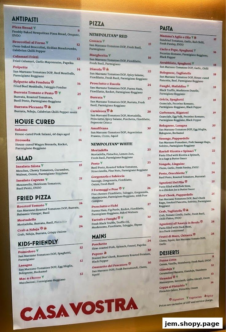 A menu from Casa Vostra featuring antipasti, pizza, pasta, mains, and desserts.