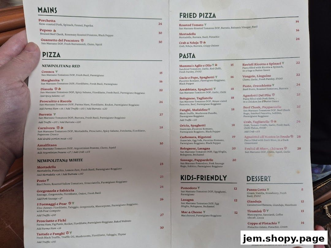 A menu from Casa Vostra - Jem featuring Italian dishes like pasta, pizza, and desserts.