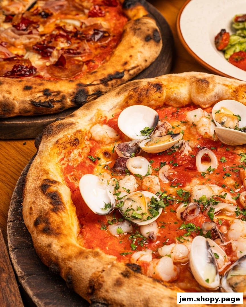 Two delicious pizzas, one with seafood and the other with meat and vegetables.