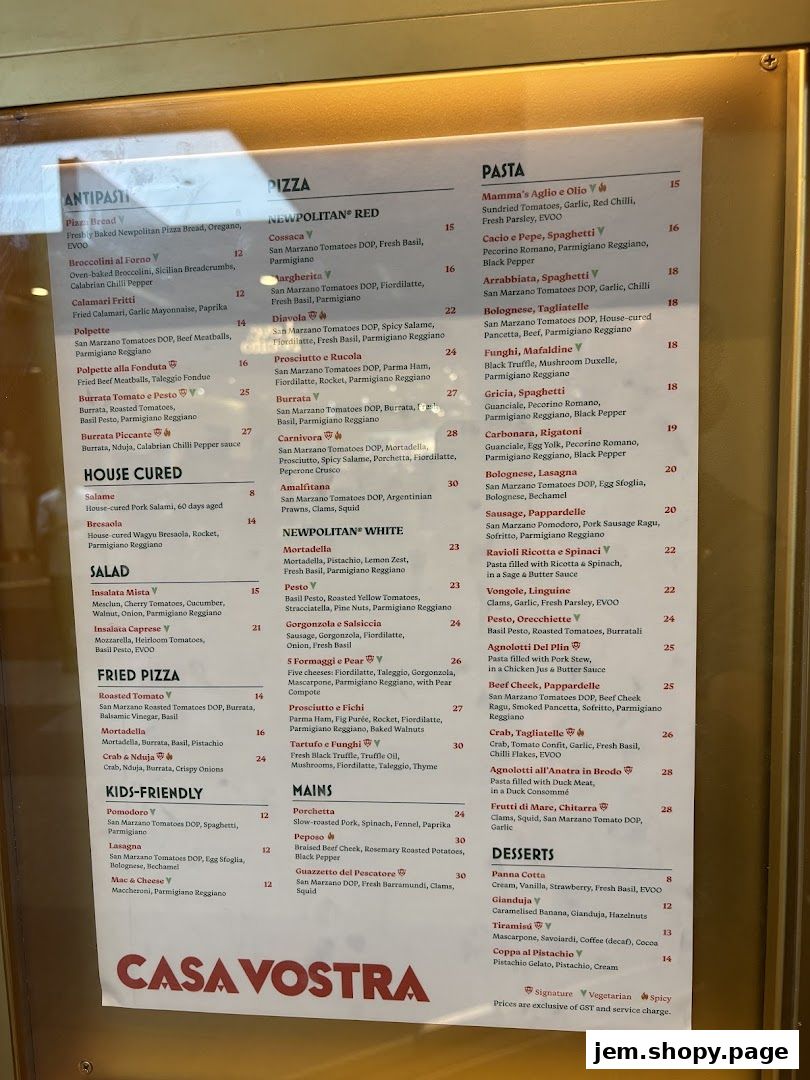 A menu for Casa Vostra featuring antipasti, pizza, pasta, mains, and desserts.