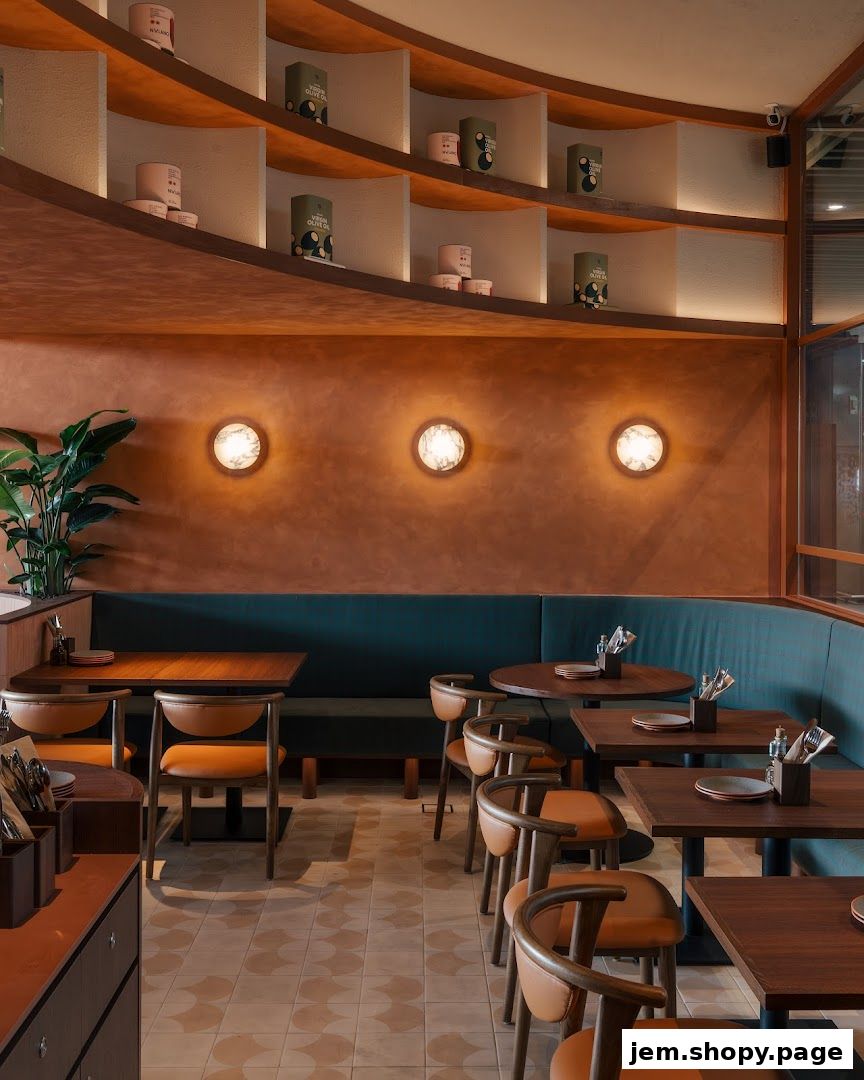 Interior of a restaurant with warm tones, wooden tables, and plush seating.