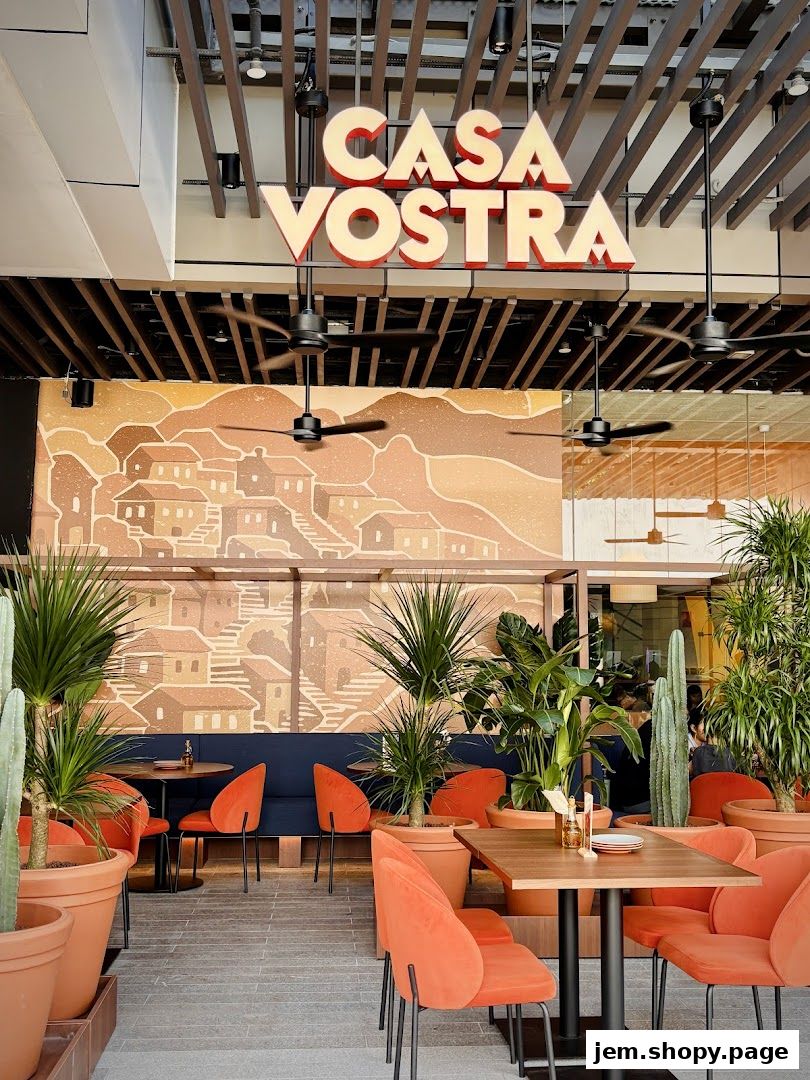 Interior of Casa Vostra restaurant with orange chairs, plants, and a mural.