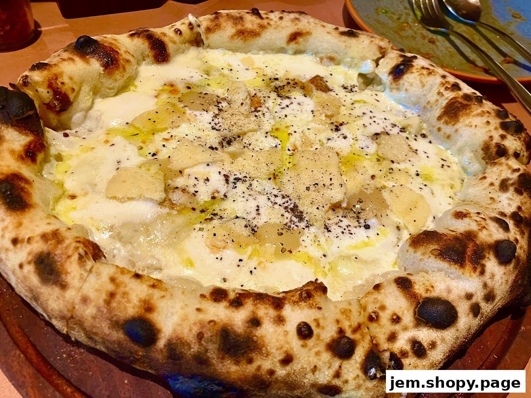 A close-up shot of a delicious, cheesy pizza with a perfectly baked crust.