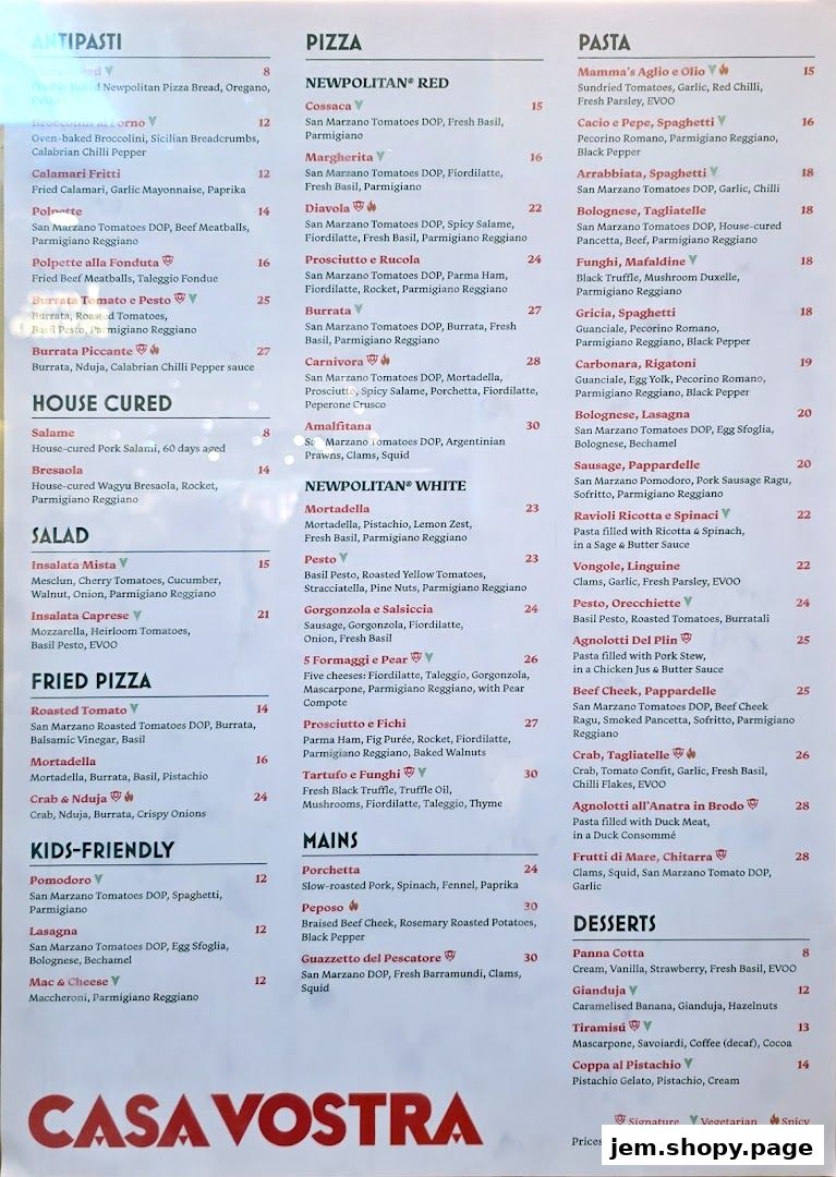 A menu from Casa Vostra featuring Antipasti, Pizza, Pasta, Fried Pizza, Kids-Friendly, Mains, and Desserts.