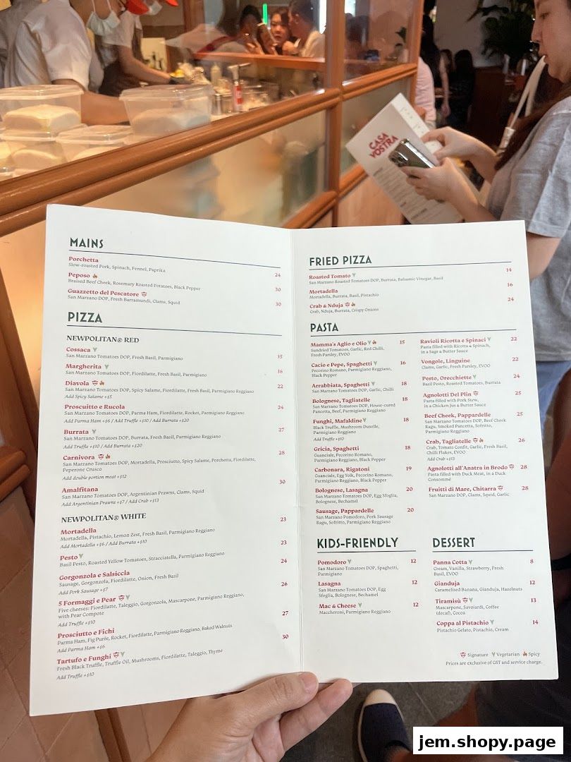 A menu from Casa Vostra - Jem featuring mains, pizzas, fried pizzas, pasta, kids-friendly options, and desserts.