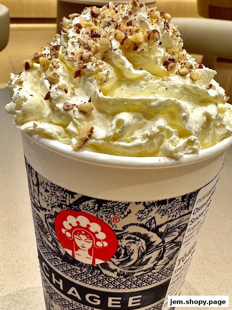 A close-up of a delicious beverage topped with whipped cream and nuts from CHAGEE.