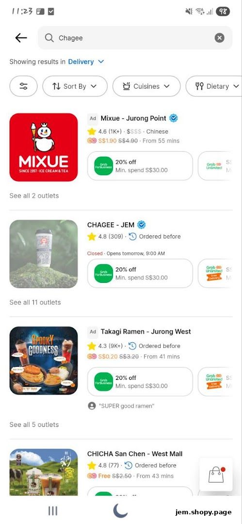 A screenshot showing search results for 'Chagee' with CHAGEE - JEM listed.