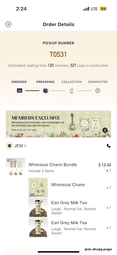 Order details for CHAGEE JEM showing items, prices, and order status.
