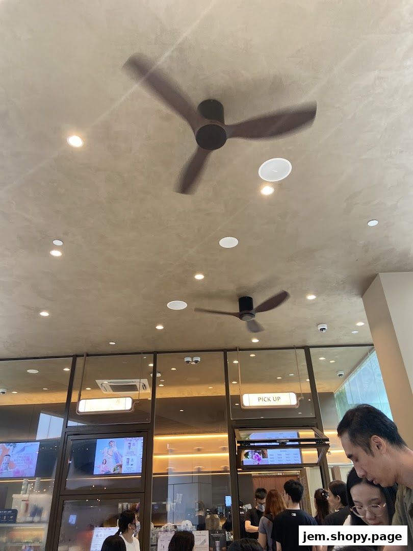 Interior view of a CHAGEE shop with ceiling fans and a pick-up counter.