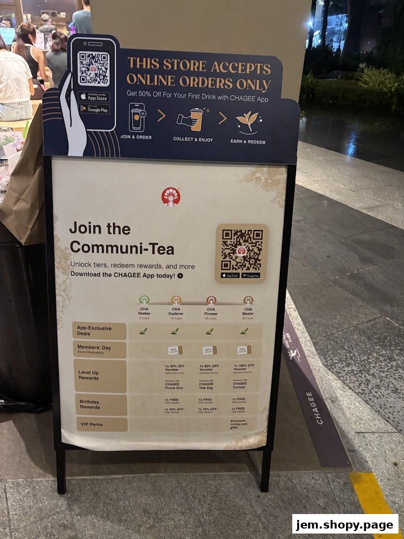 A-frame sign for CHAGEE promoting their app and loyalty program.