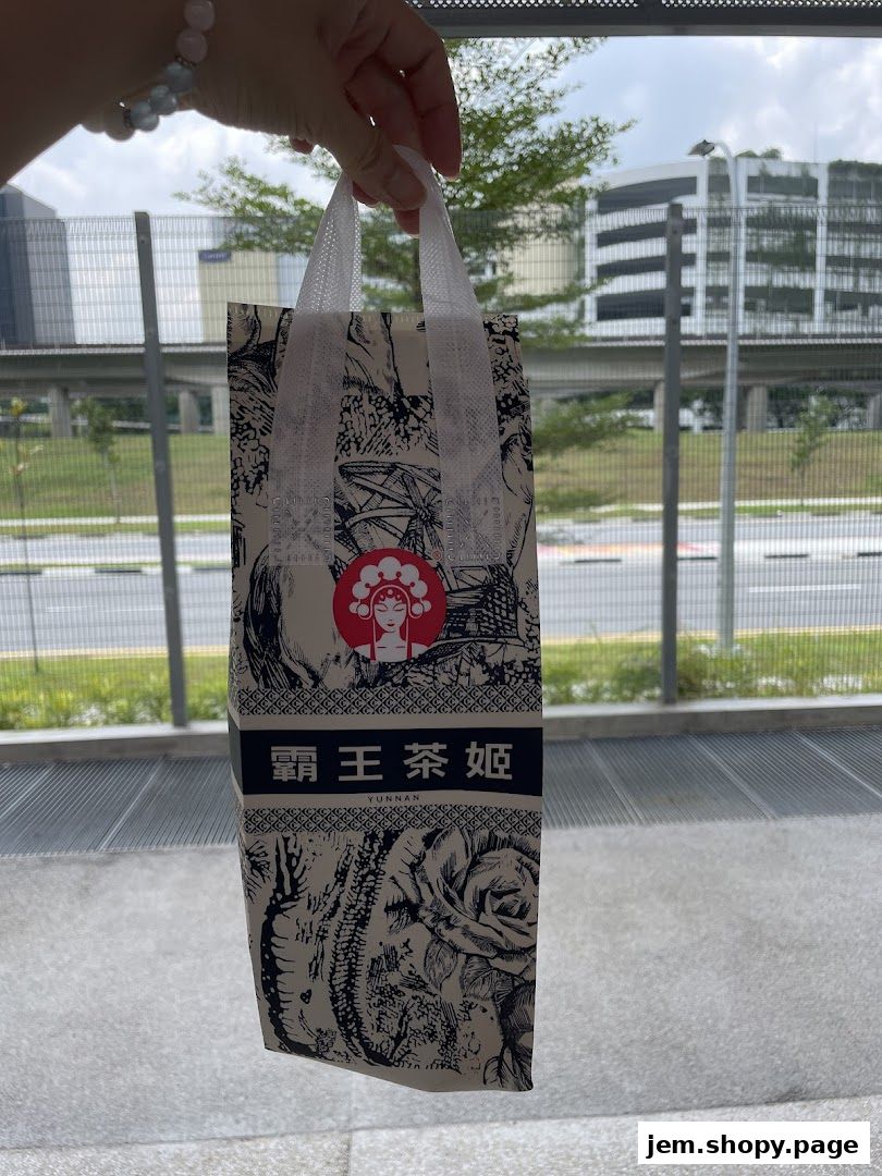 A hand holds a branded paper bag with intricate designs and Chinese characters.