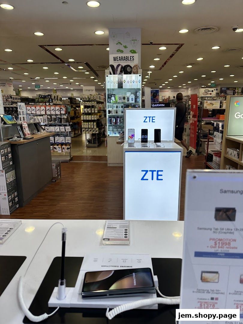 Interior view of a Challenger electronics store showcasing mobile phones and wearables.