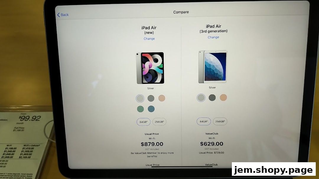 A screen displaying a comparison of two iPad Air models with pricing and storage options.