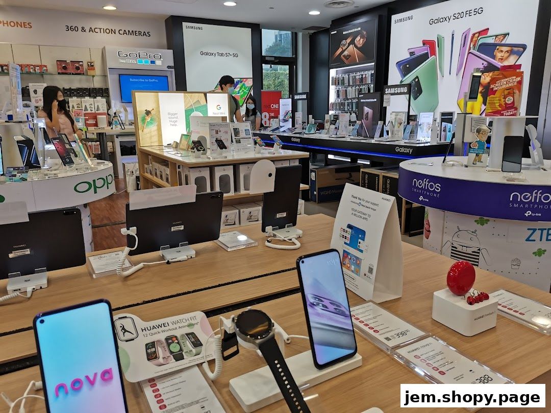 Interior view of a modern electronics store showcasing various smartphones and accessories.