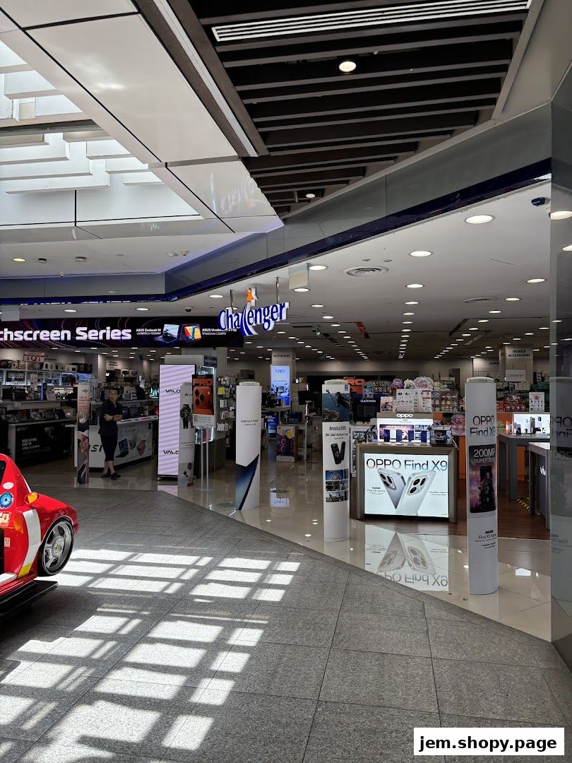 Interior view of a Challenger electronics store with various displays and products.
