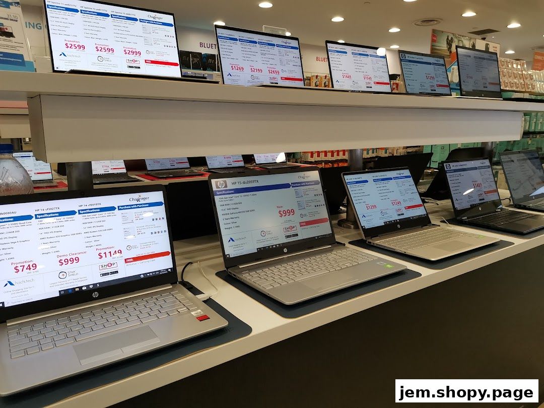 Laptops and displays showcasing prices and specifications in a retail store.