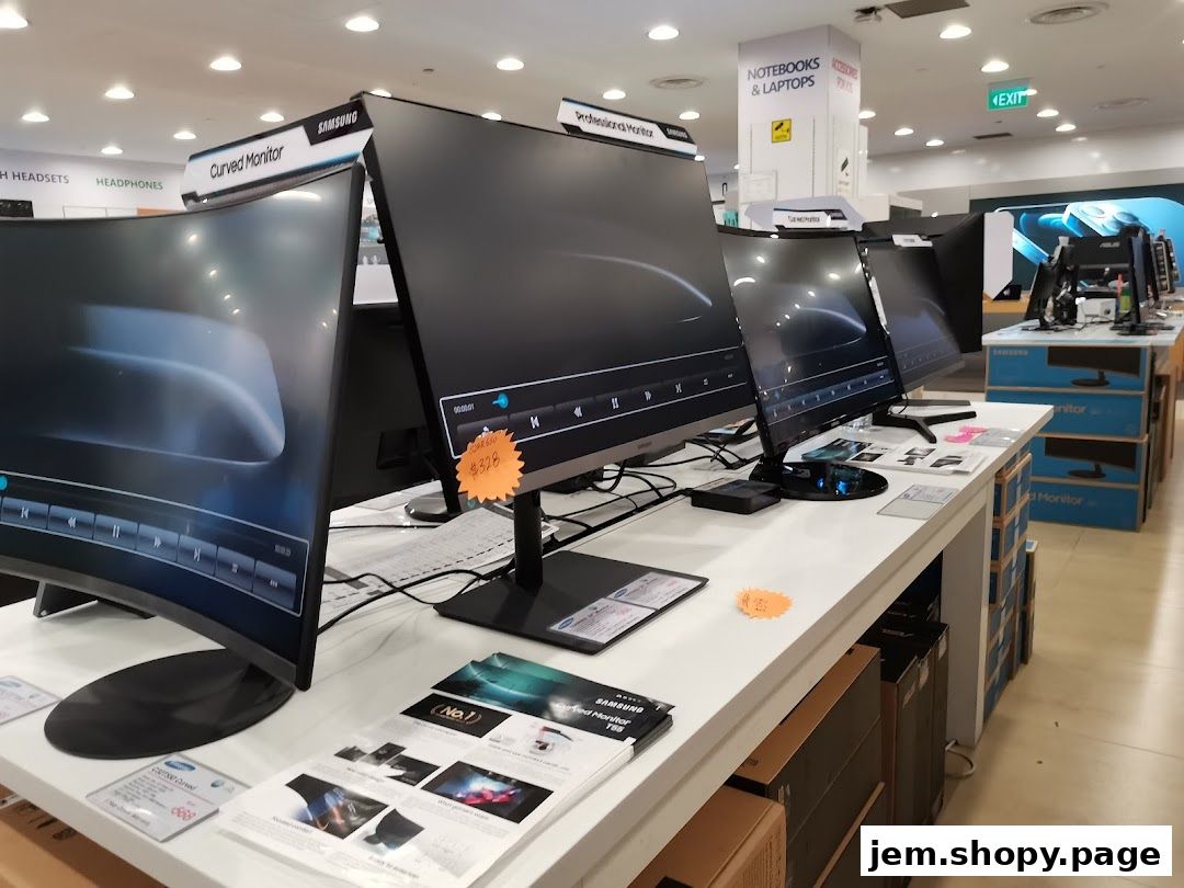 A display of various Samsung monitors, including curved and professional models, in a retail store.