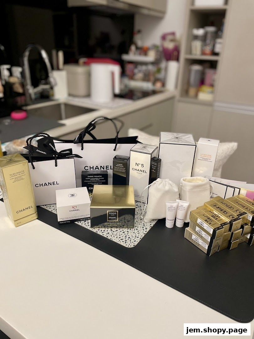 A collection of Chanel beauty products and shopping bags displayed on a table.
