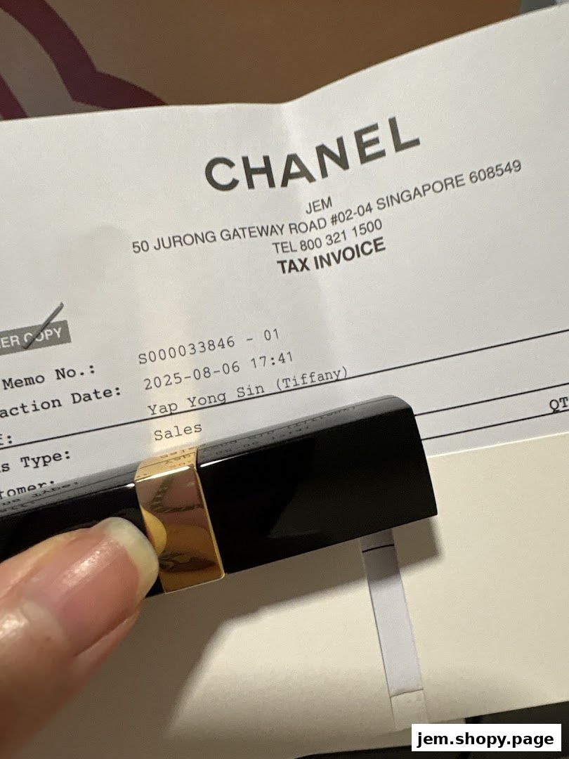 A Chanel tax invoice and a lipstick are shown in the image.