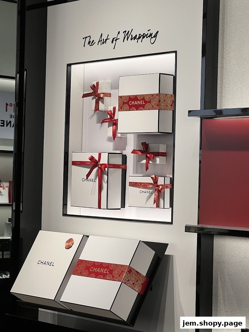 Chanel gift boxes elegantly wrapped with red ribbons and decorative bands.