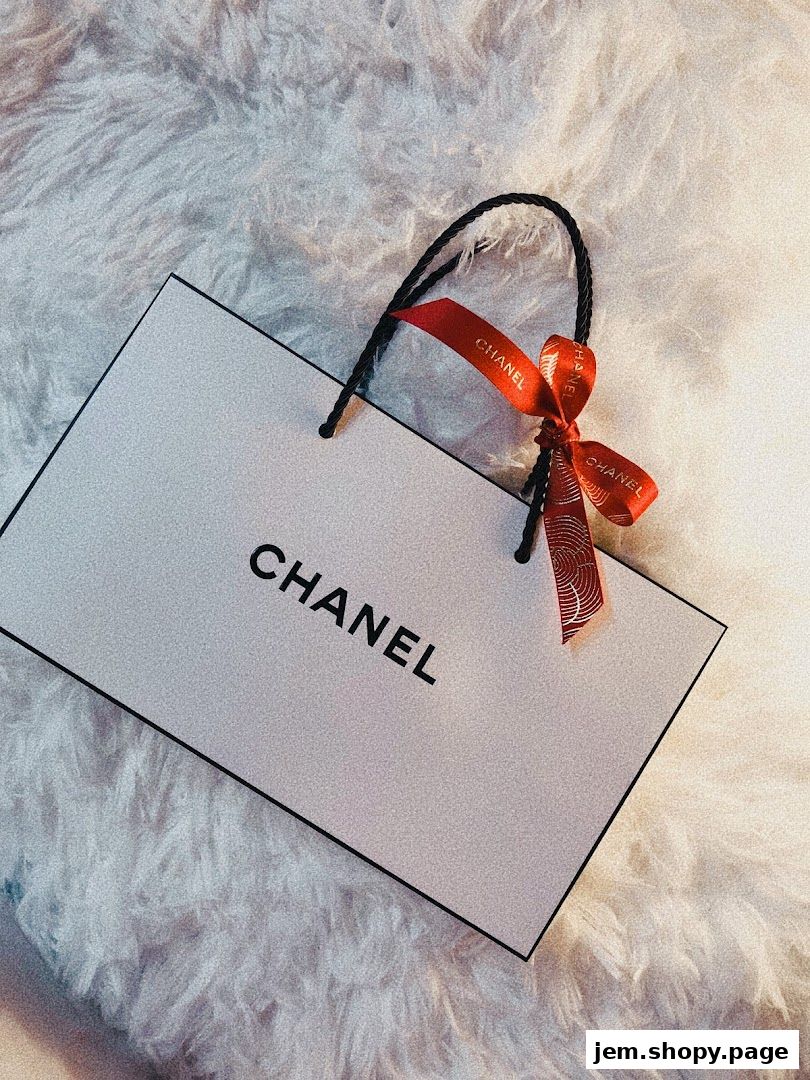 A Chanel shopping bag with a red ribbon tied around its handles.