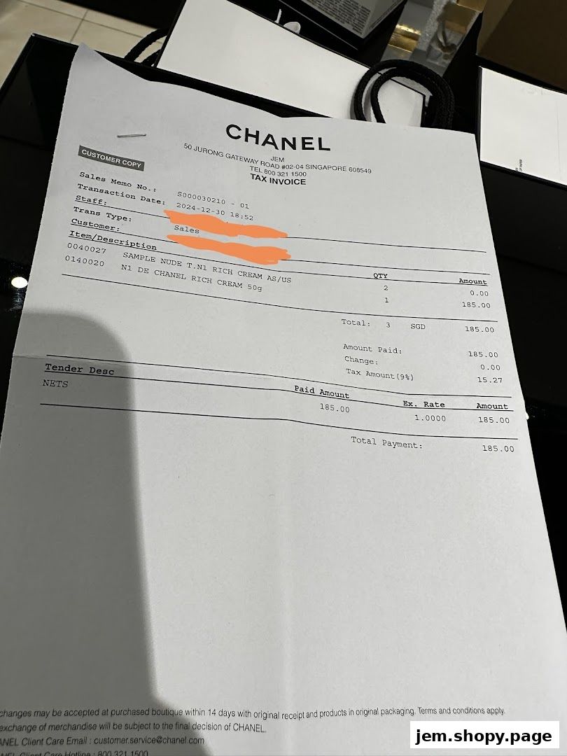 A Chanel tax invoice showing a purchase of N1 de Chanel Rich Cream.