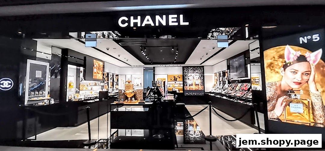 Interior view of a luxurious Chanel boutique showcasing perfumes and cosmetics.
