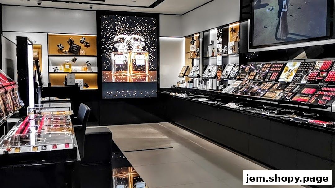 Interior view of a Chanel beauty store showcasing makeup and perfumes.