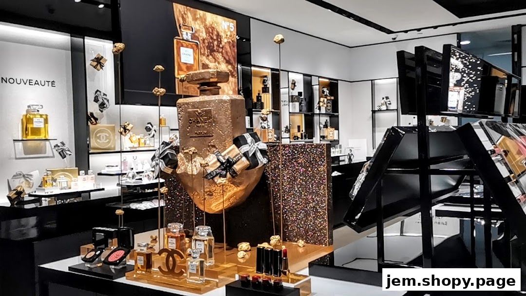 Chanel store interior showcasing perfumes, makeup, and a large decorative perfume bottle.