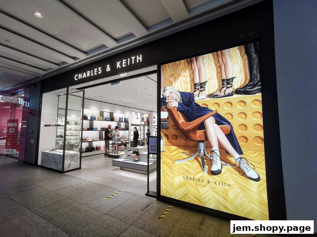 The exterior of a Charles & Keith store showcasing handbags and shoes with a large advertisement.