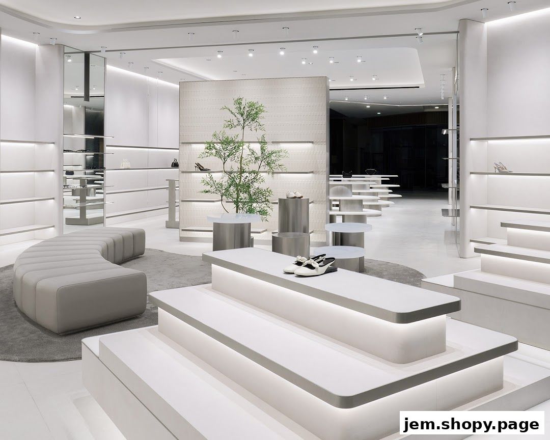 Interior view of a modern, minimalist CHARLES & KEITH shoe store with elegant displays.
