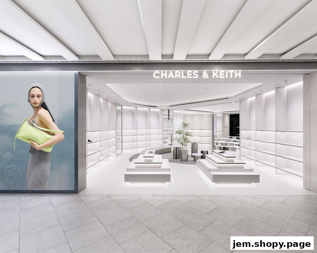 Modern Charles & Keith store interior with minimalist displays and a model showcasing a handbag.
