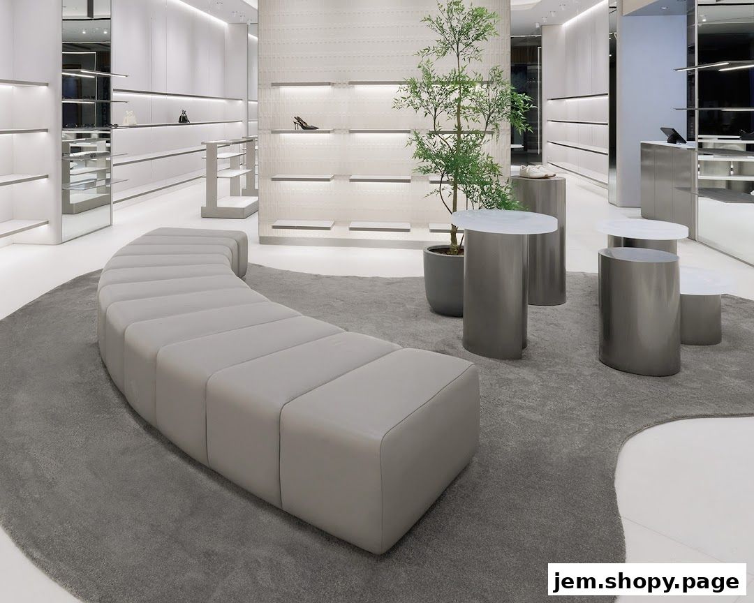 Interior of a modern, minimalist shoe store with sleek displays and seating.
